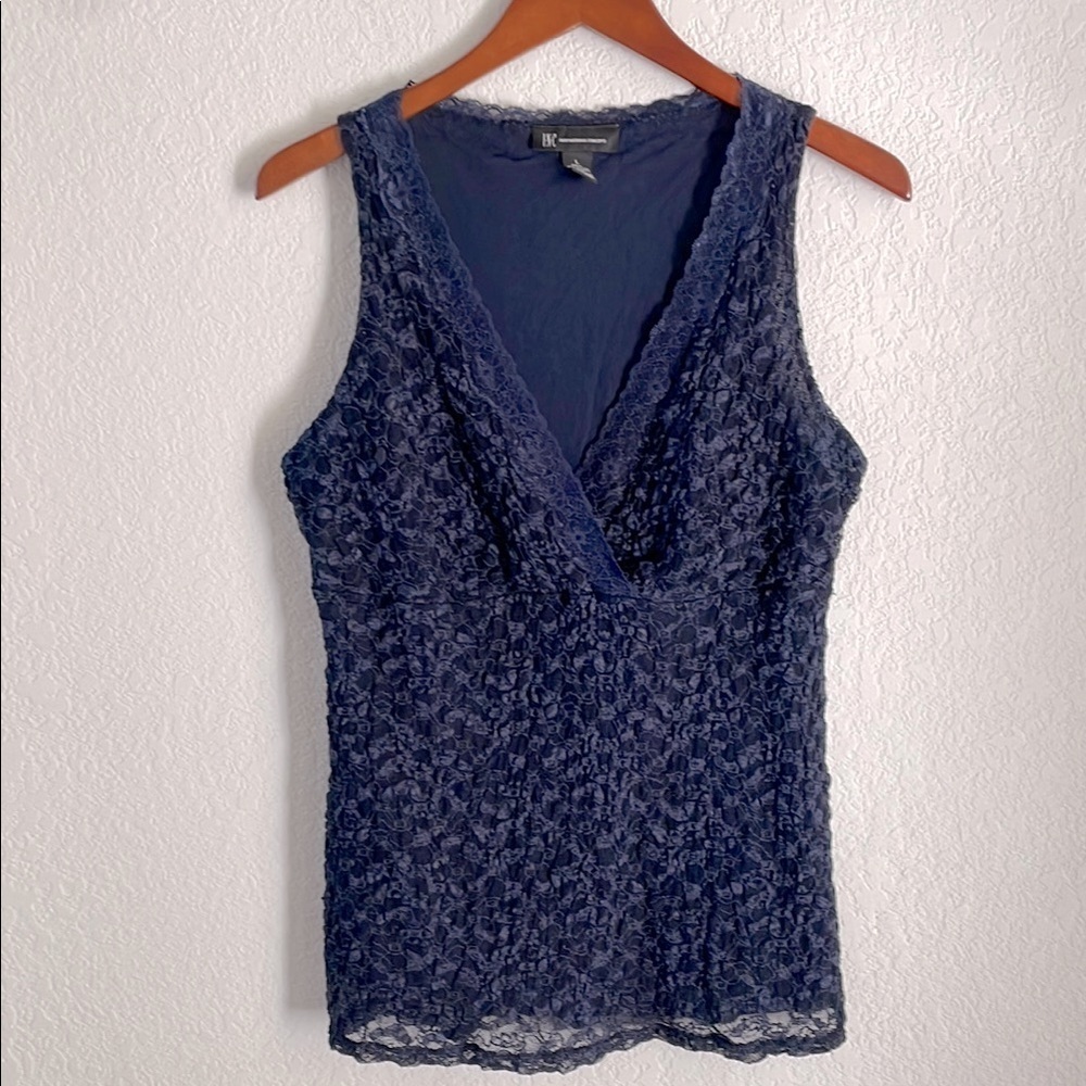 INC Lace Sleeveless V-Neck Midnight Blue Top Size Large
